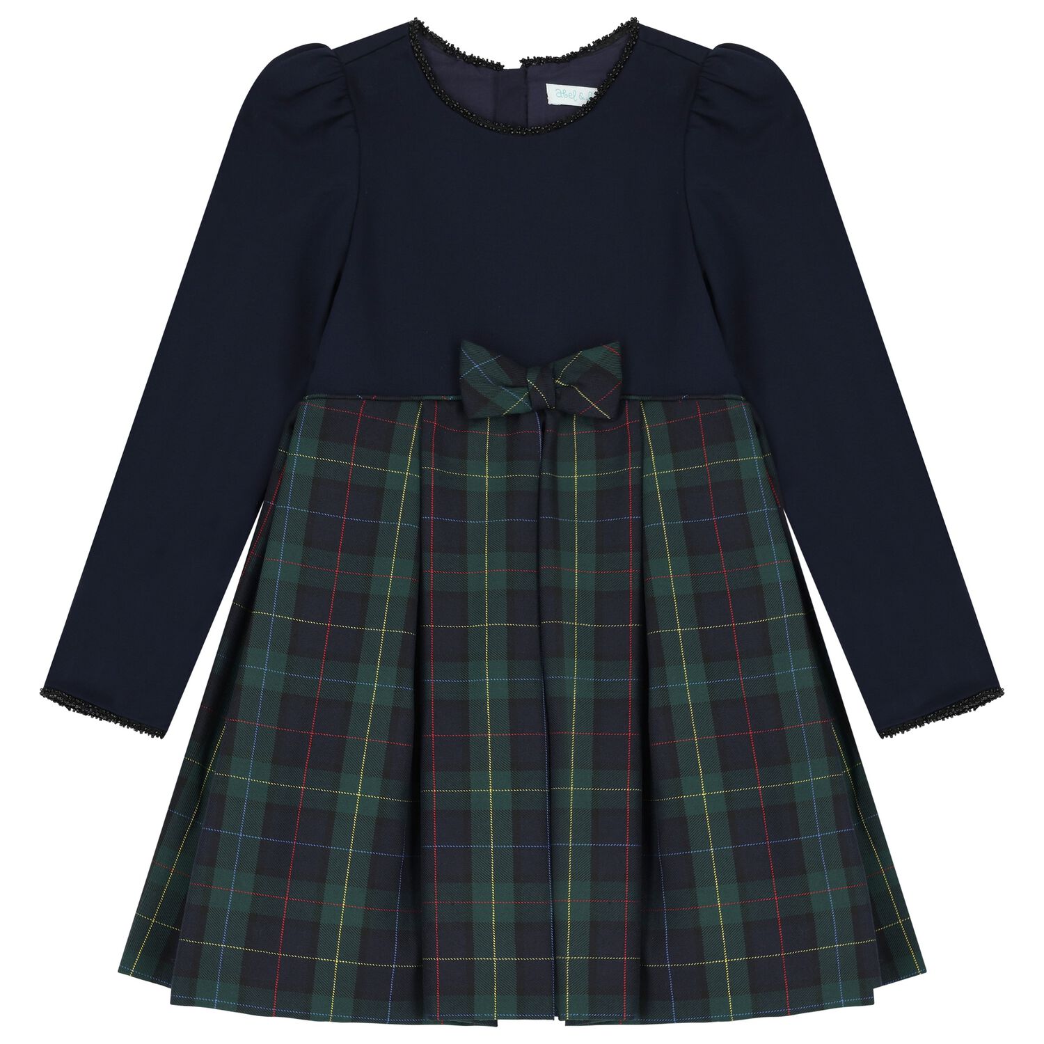 Girls Navy Blue & Green Tartan Bow Dress, 2, hi-res image number null