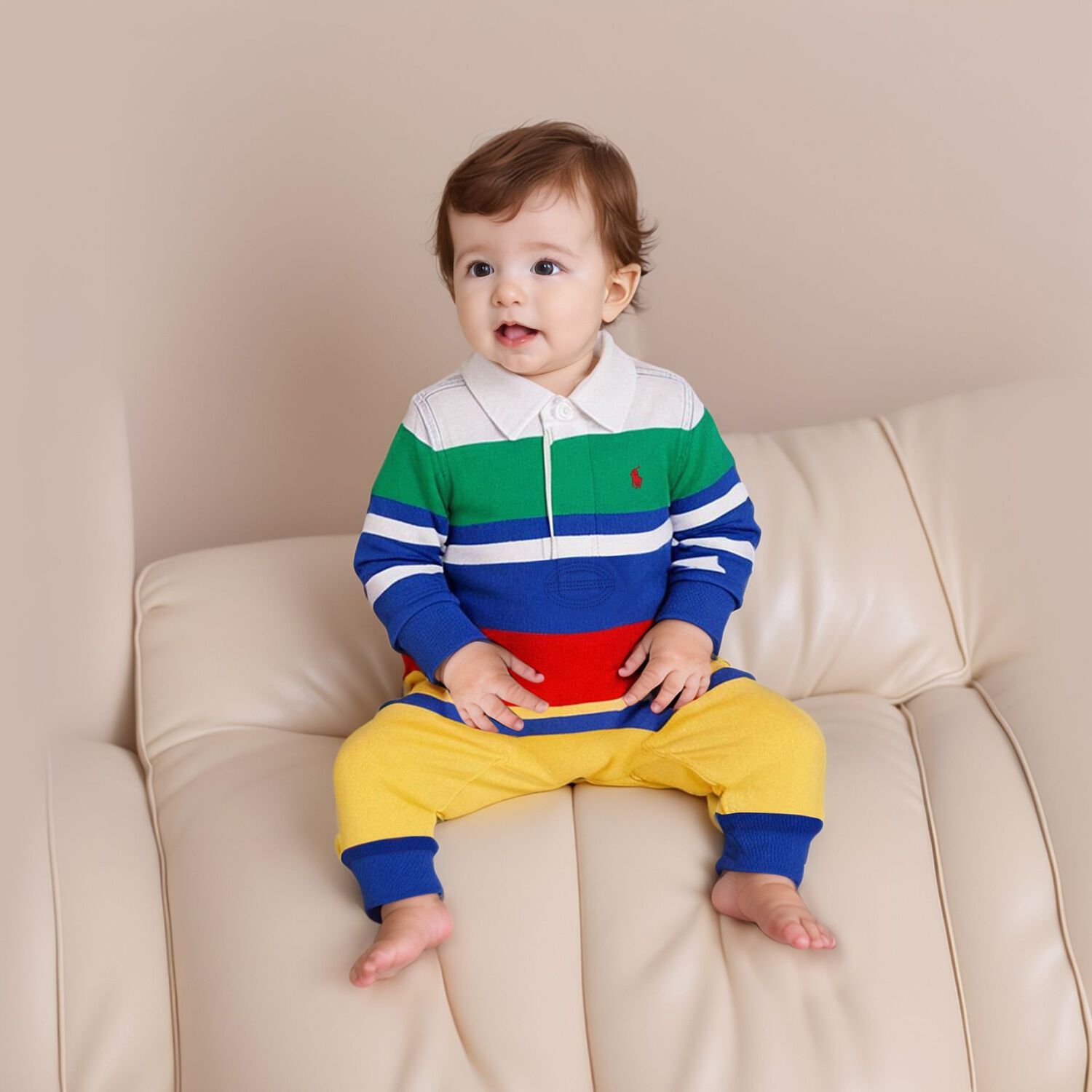 Baby Boys Multi-Coloured Striped Logo Romper, 1, hi-res
