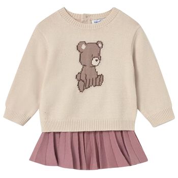 Younger Girls Beige & Pink Teddy Bear Skirt Set