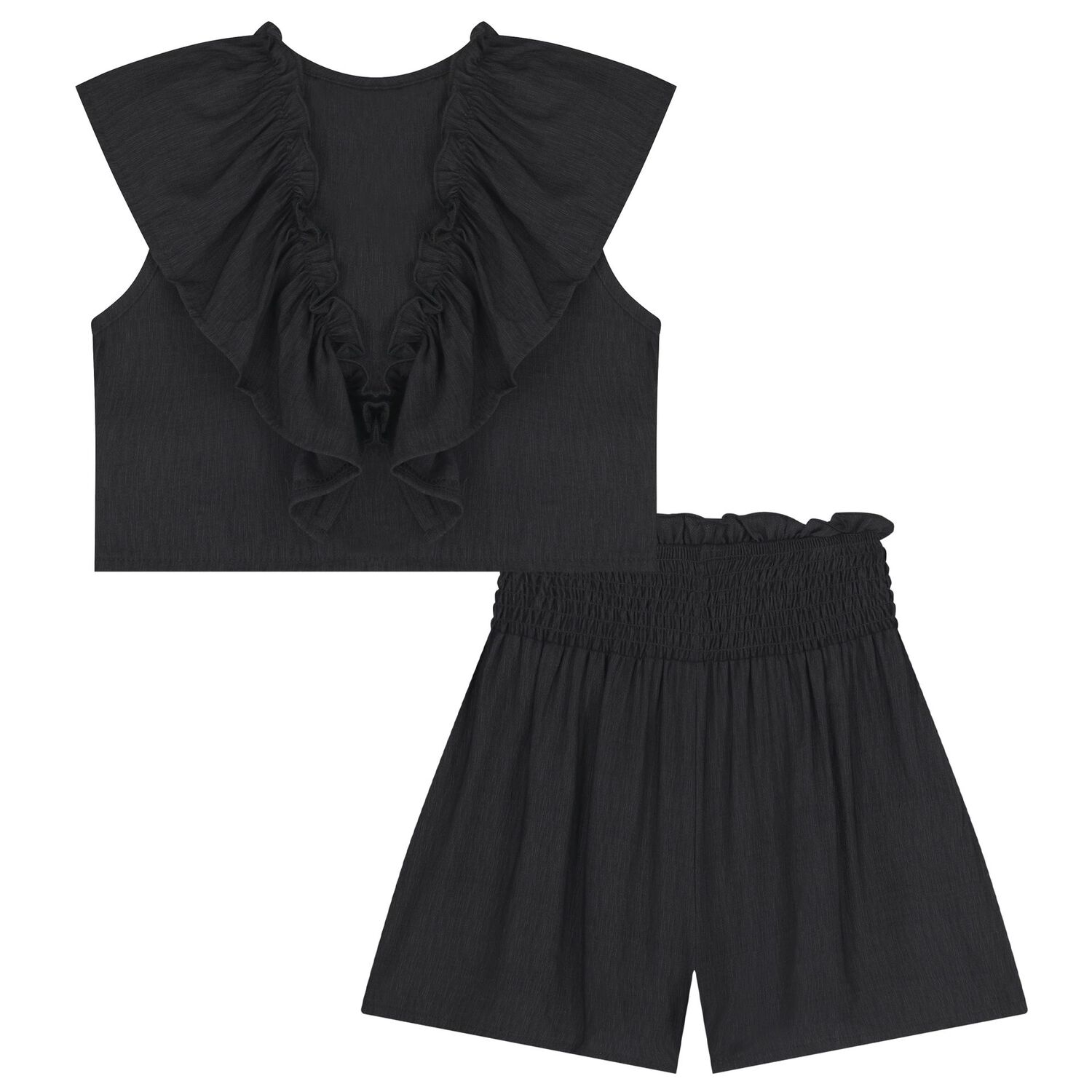 Girls Black Ruffled Shorts Set, 2, hi-res