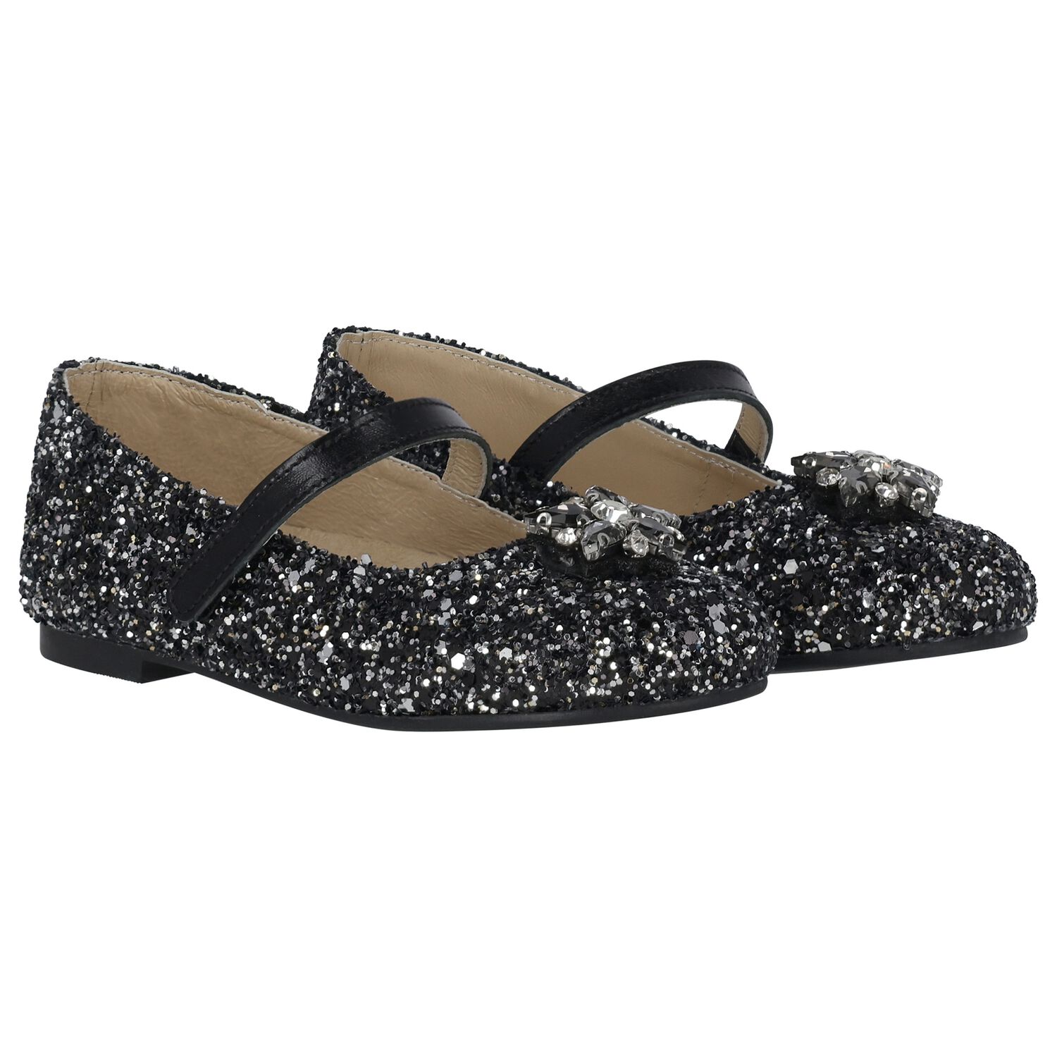 Girls Black & Silver Ballerina Shoes, 2, hi-res