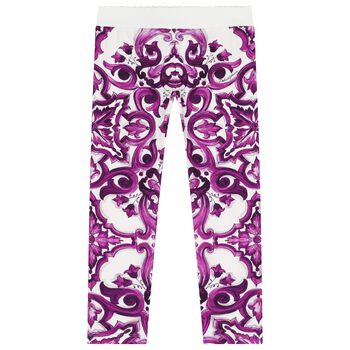 Girls White & Purple Majolica Leggings