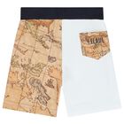 Boys Navy Blue, White & Beige Geo Map Shorts, 2, hi-res
