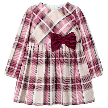 Girls Red & Beige Bow Tartan Dress