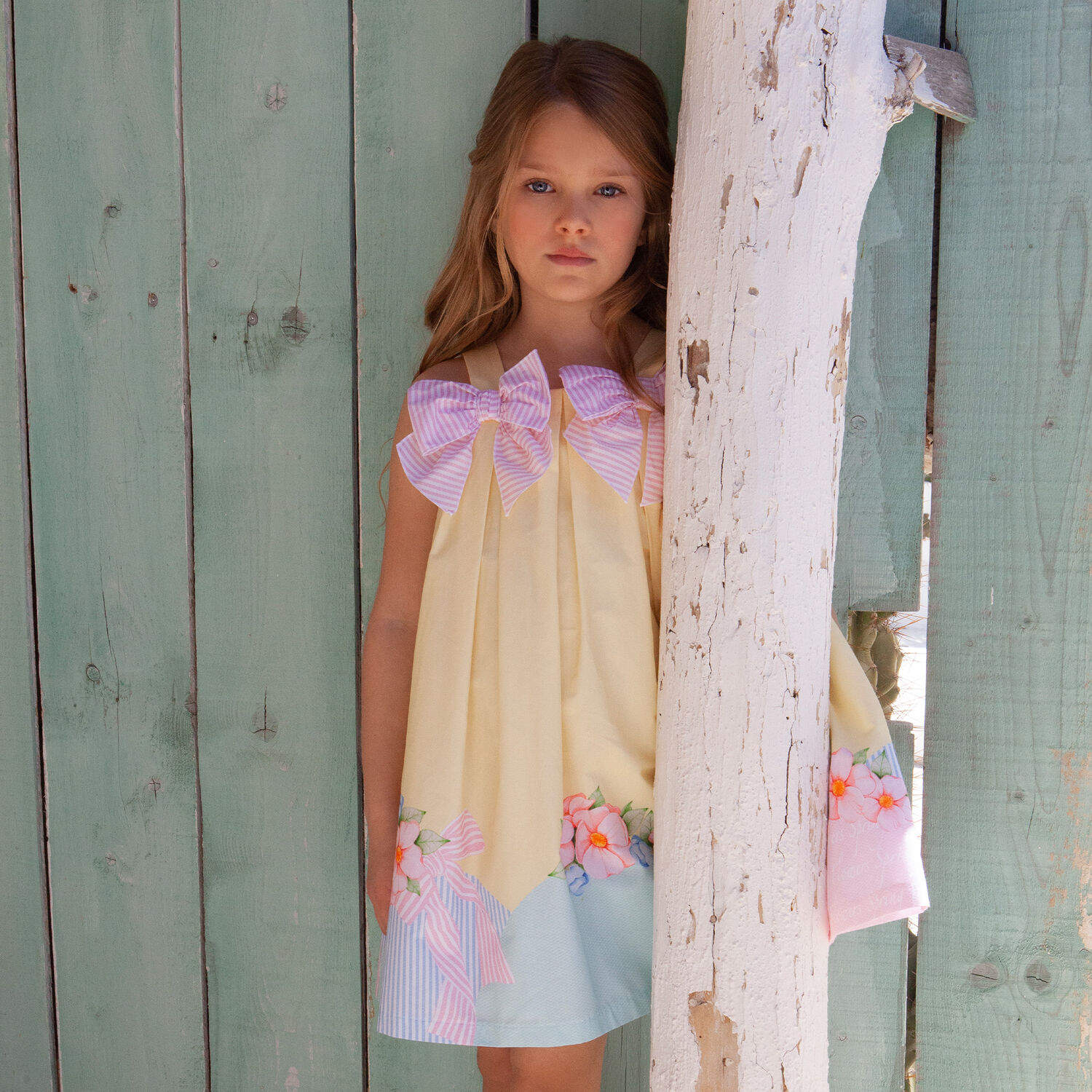 Girls Yellow Floral & Bow Dress, 1, hi-res