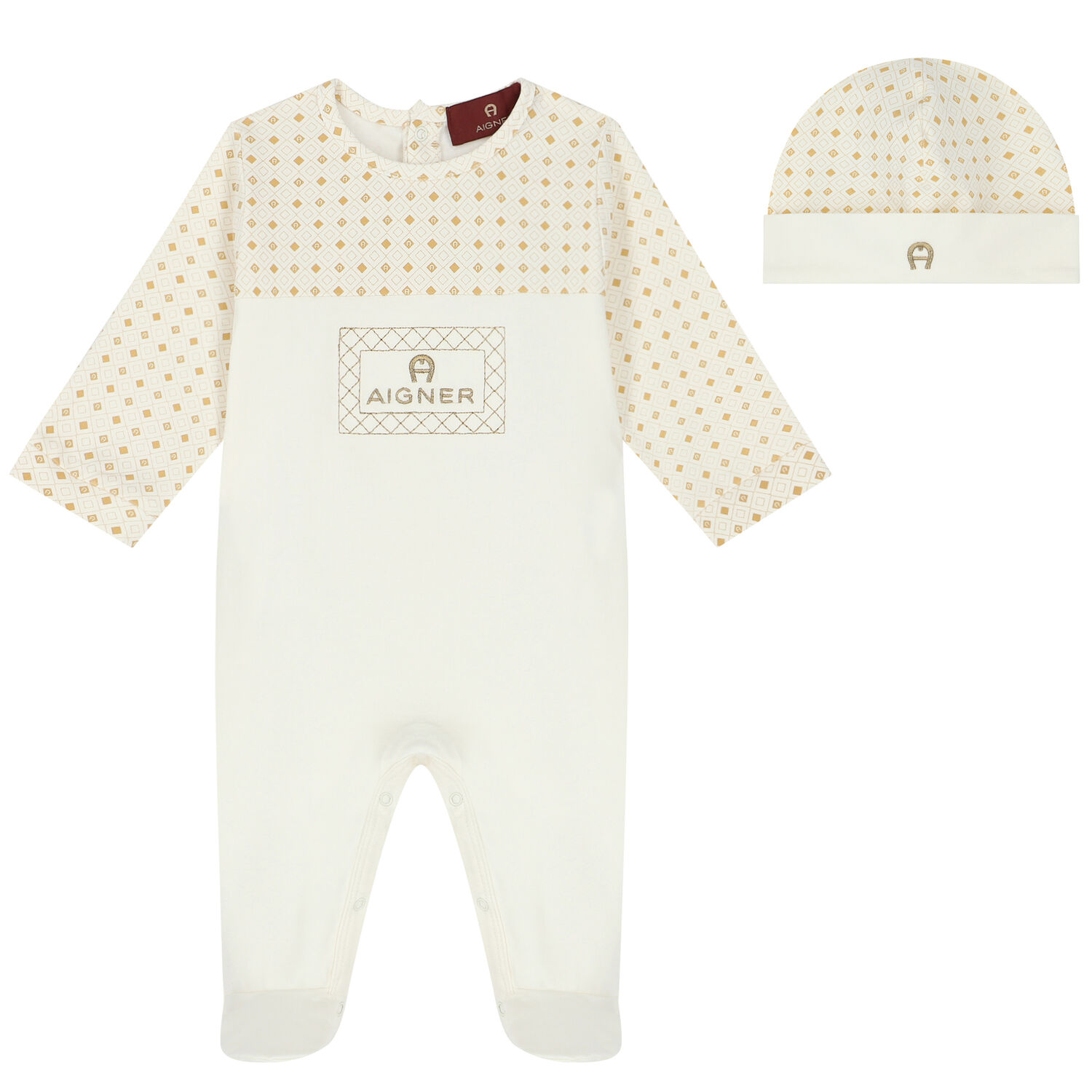 Ivory & Gold Logo Babygrow & Hat Set, 3, hi-res