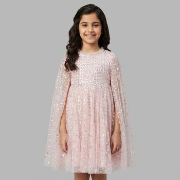 Girls Pink Sequin & Tulle Cape Dress 