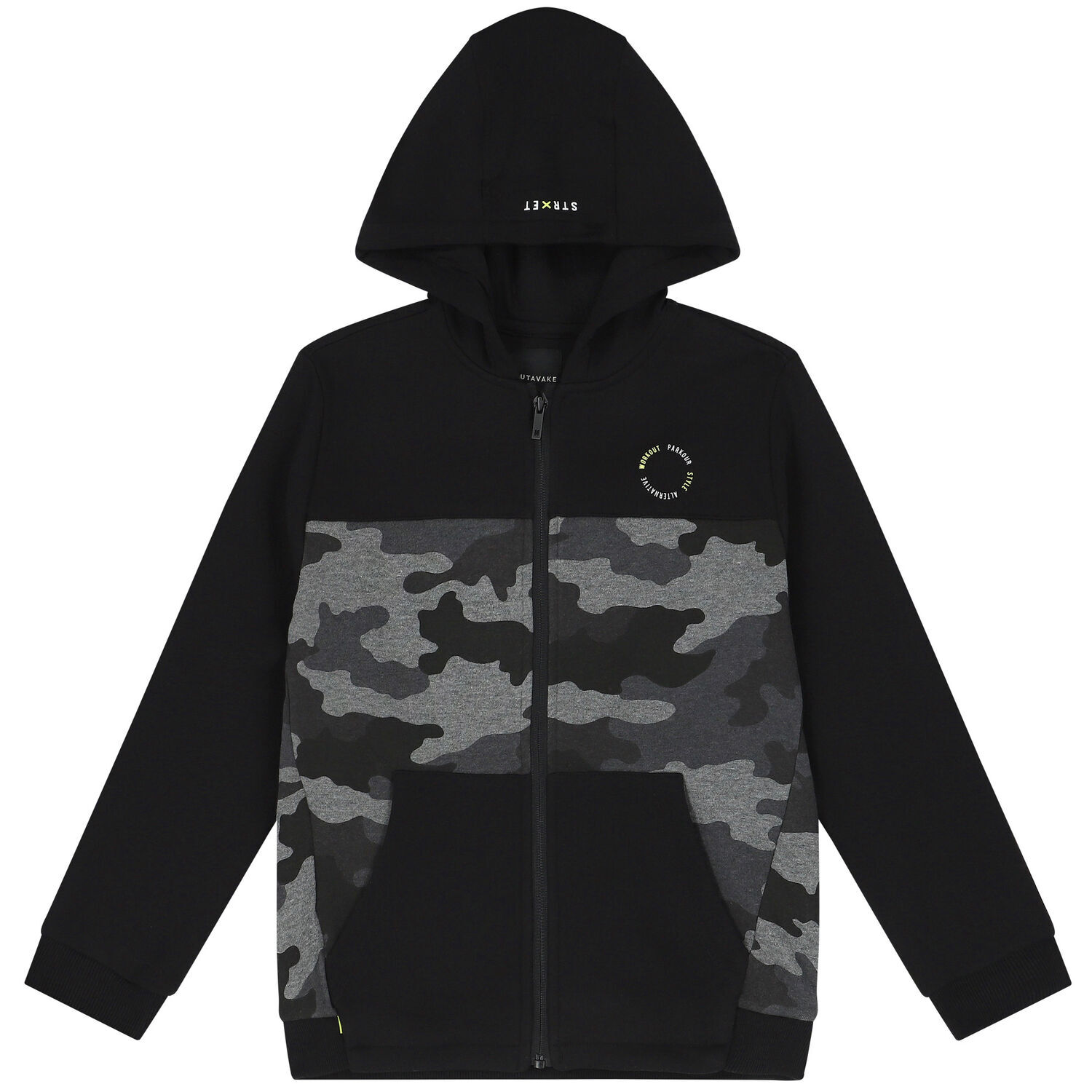 Boys Black Camo Zip Up Top, 1, hi-res