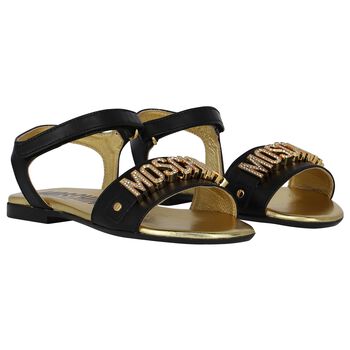 Girls Black & Gold Leather Logo Sandals