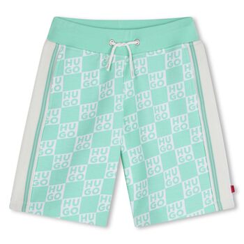 Boys Aqua & White Check Logo Shorts