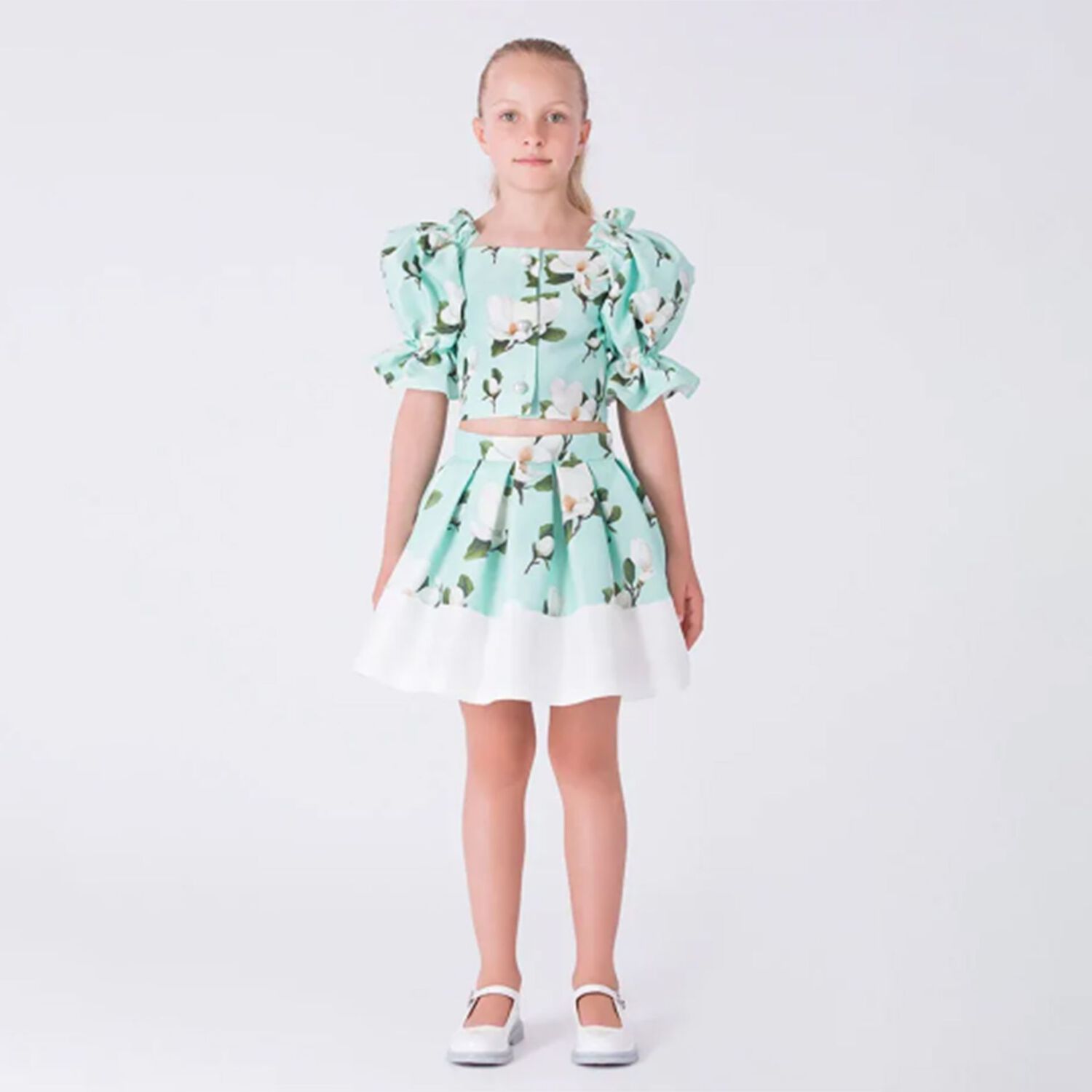 Girls Green Floral Skirt Set, 1, hi-res