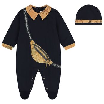 Baby Boys Navy Blue & Beige Geo Map Babygrow Gift Set