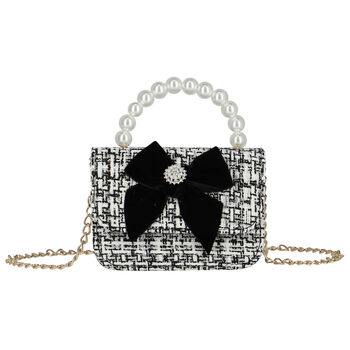 Girls Ivory & Black Tweed Bow Bag