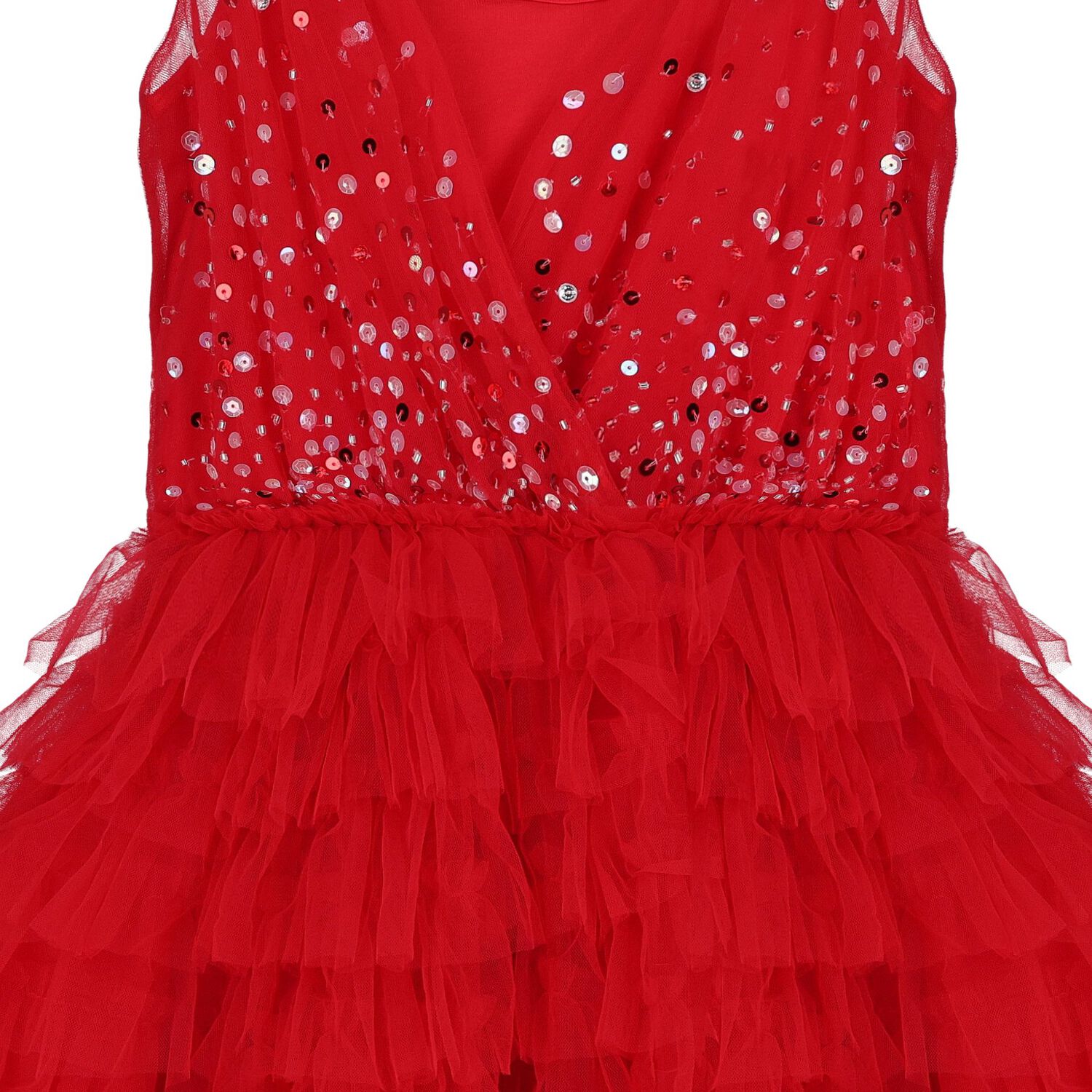 Girls Red Embellished Sequined Tulle Tiered Dress, 1, hi-res