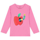 توب باكمام برسمة التفاحة باللون الوردي للبنات , 1, hi-res