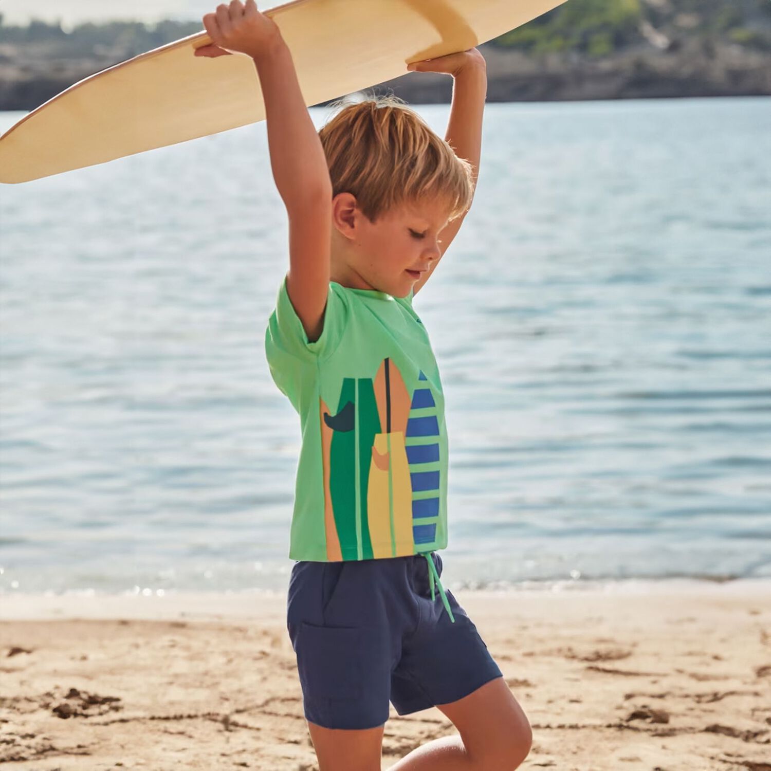 Boys Green & Navy Blue Surf Board Shorts Set, 1, hi-res