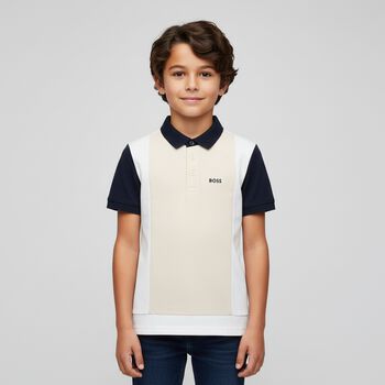 Boys Ivory, White & Navy Blue Polo Shirt