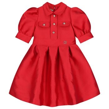 Girls Red Satin Jacquard Logo Dress