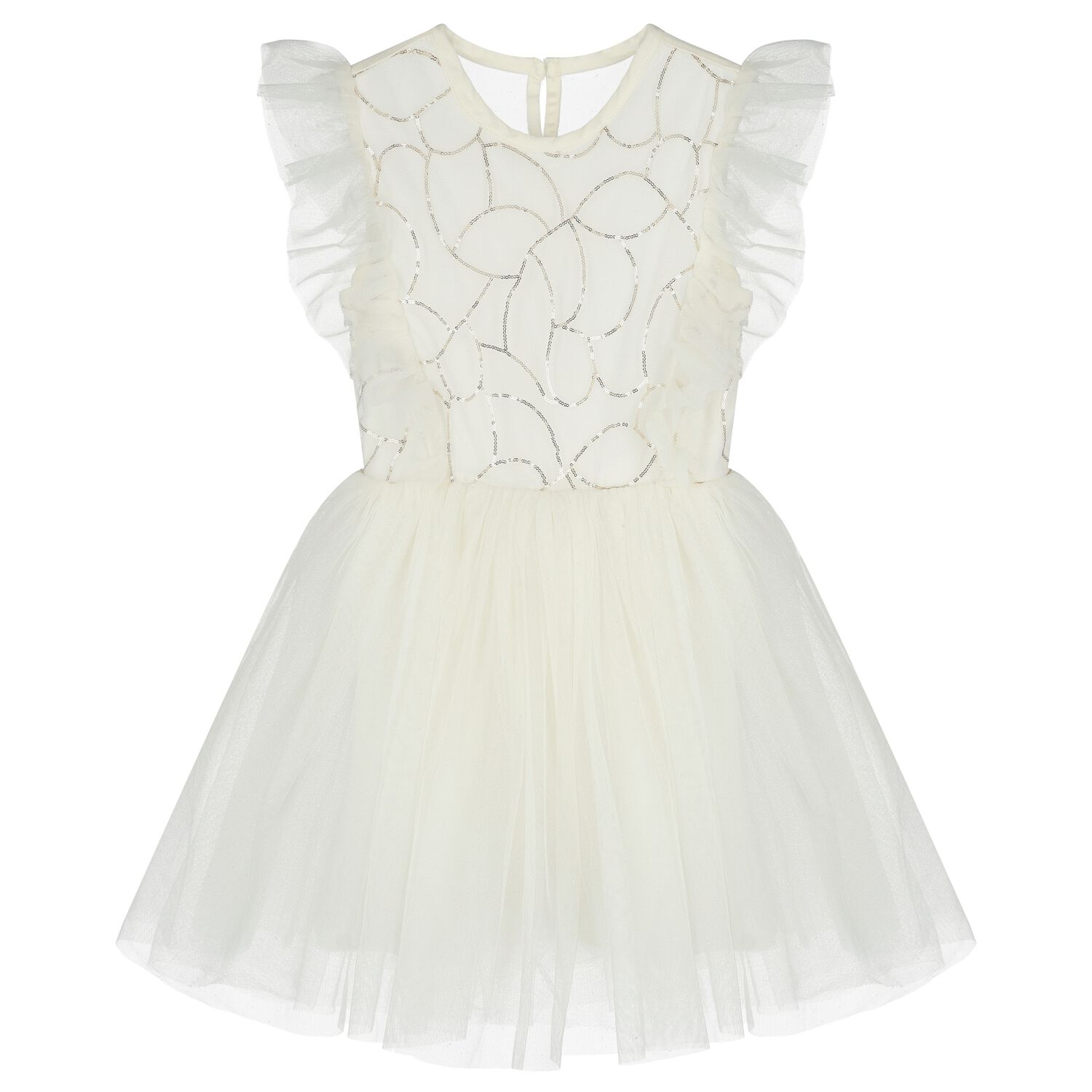 Girls White Embellished Ruffled Tulle Dress, 1, hi-res