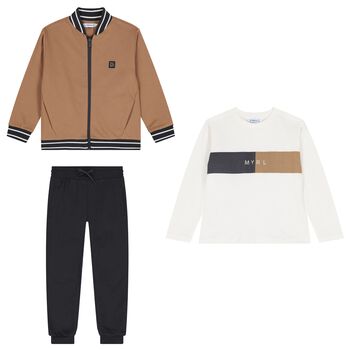 Boys Beige, White & Black Tracksuit Set (3 Piece)