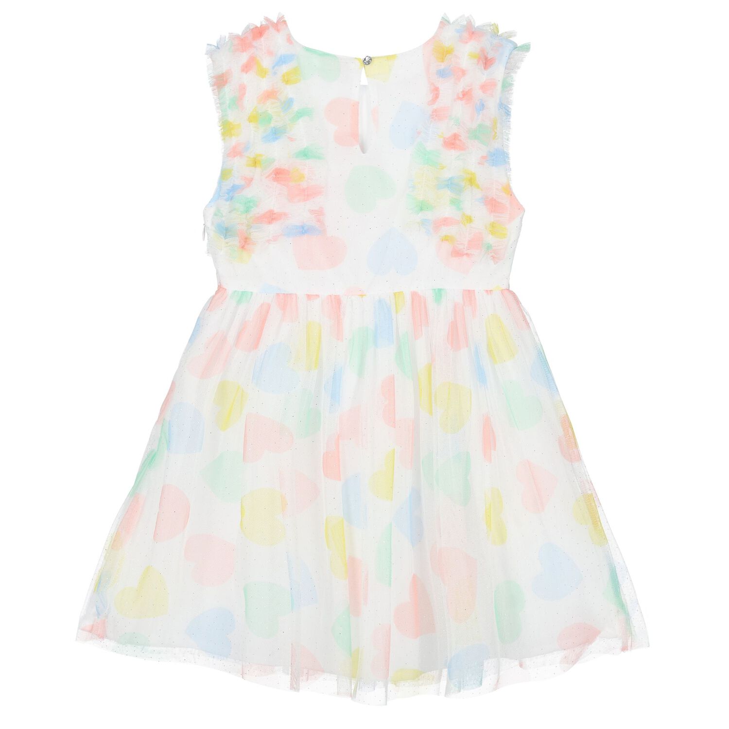 Girls White Tulle Heart Print Dress, 1, hi-res
