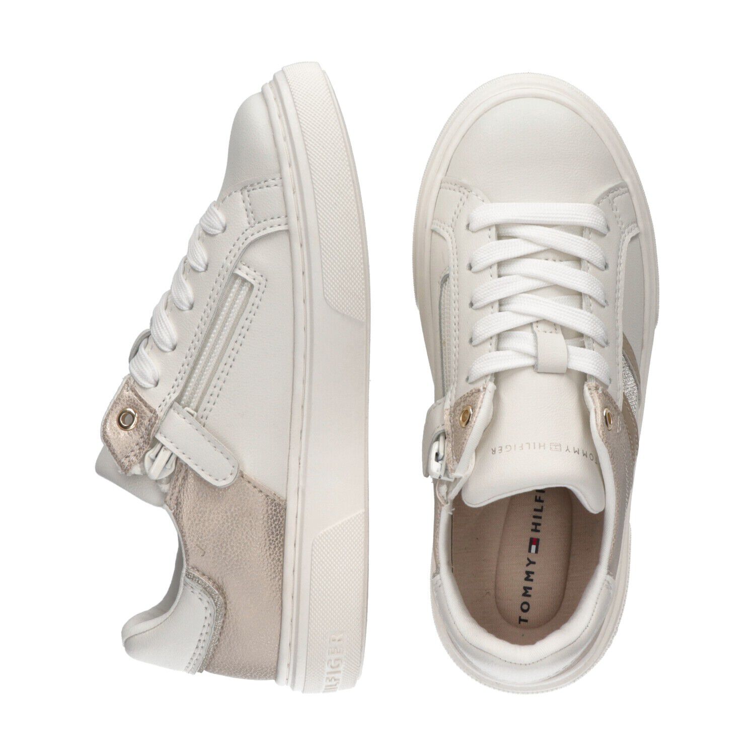 Girls White & Gold Logo Trainers, 1, hi-res