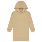 Girls Beige Logo Hooded Dress, 1, hi-res