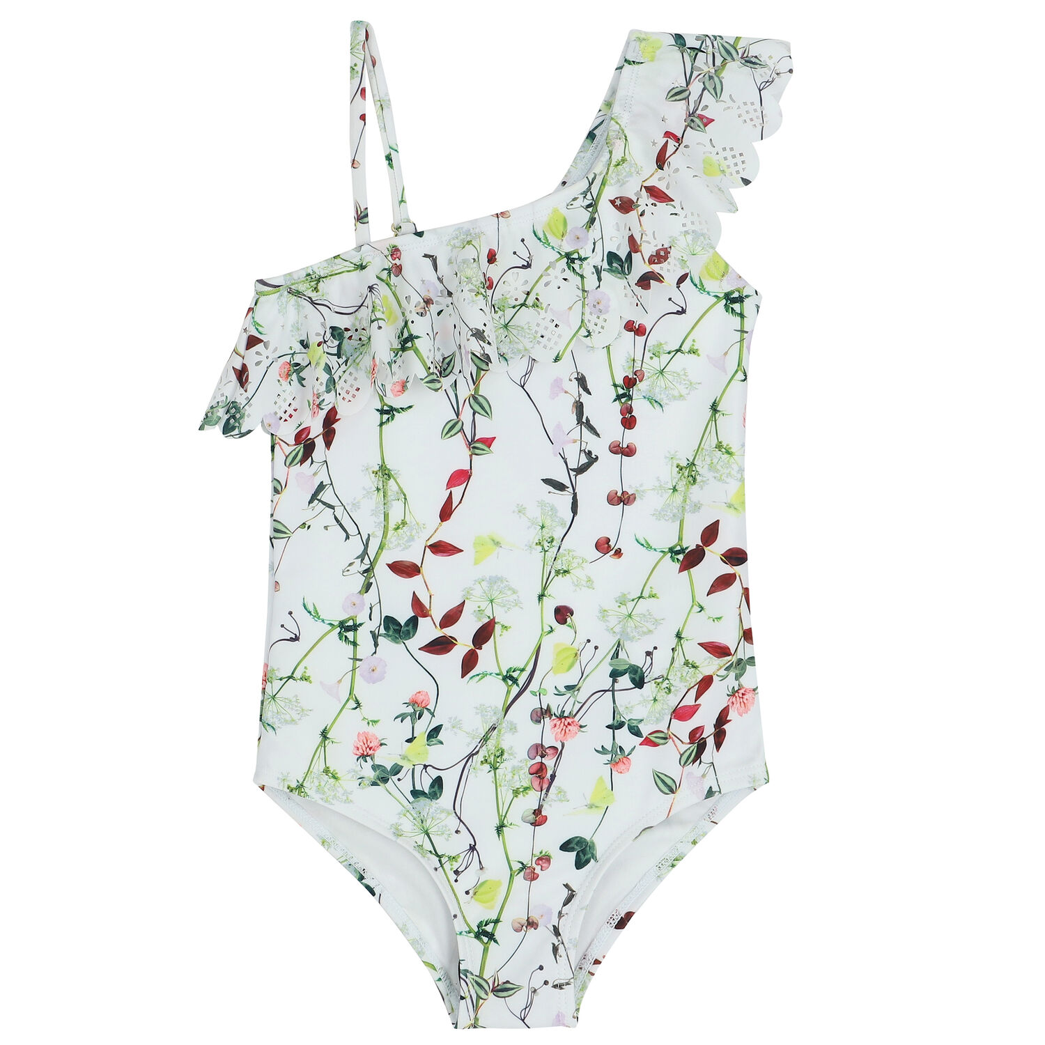 Girls White Floral Swimsuit, 1, hi-res