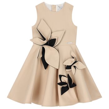 Girls Beige Satin Floral Dress