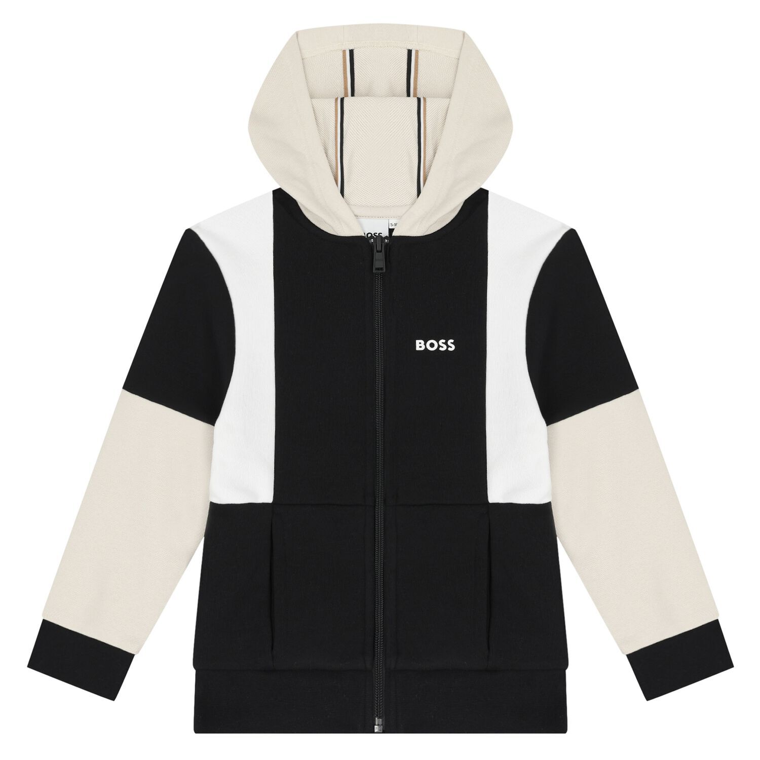 Boys Black & Ivory Logo Hooded Zip Up Top, 1, hi-res image number null