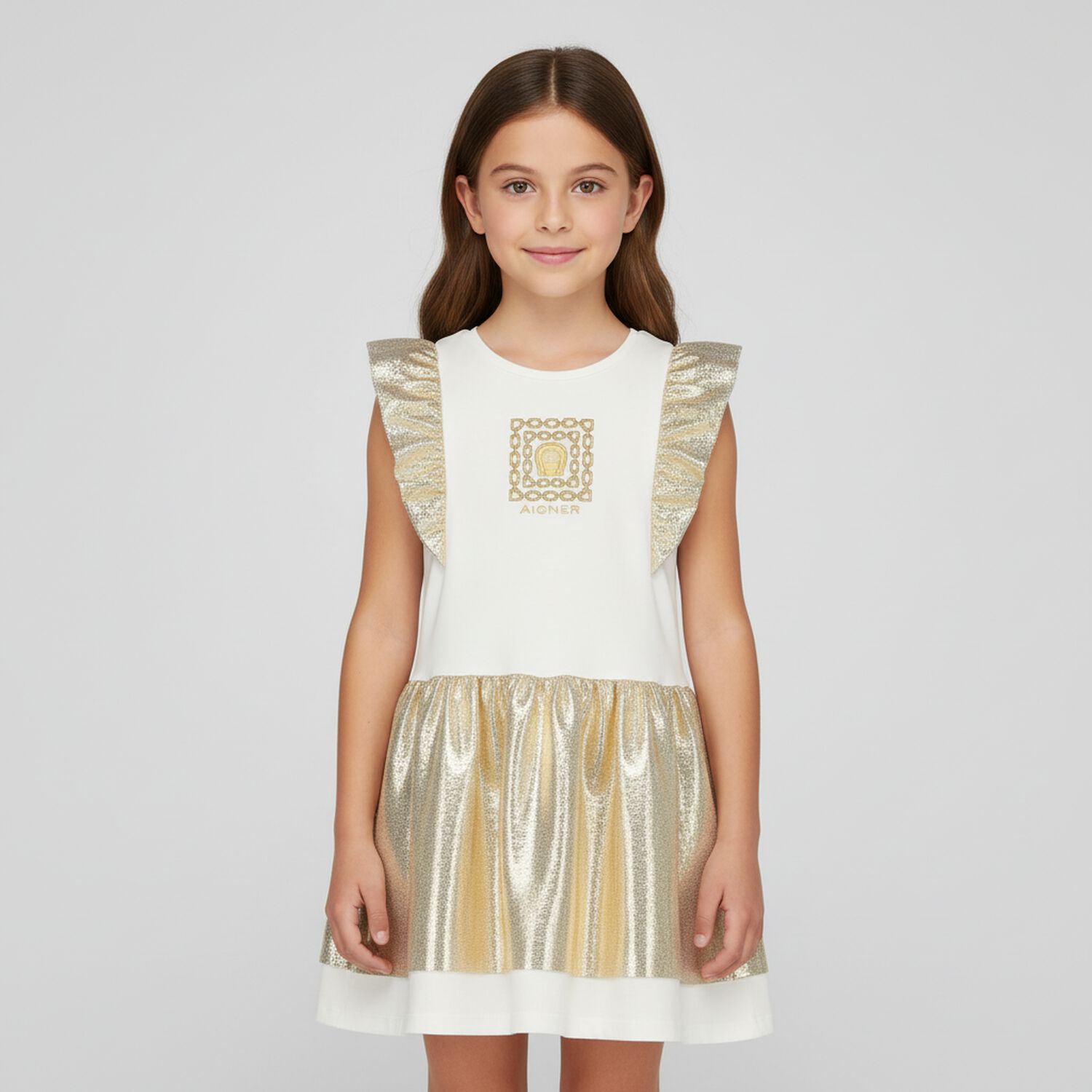 Girls Ivory & Gold Logo Dress, 1, hi-res