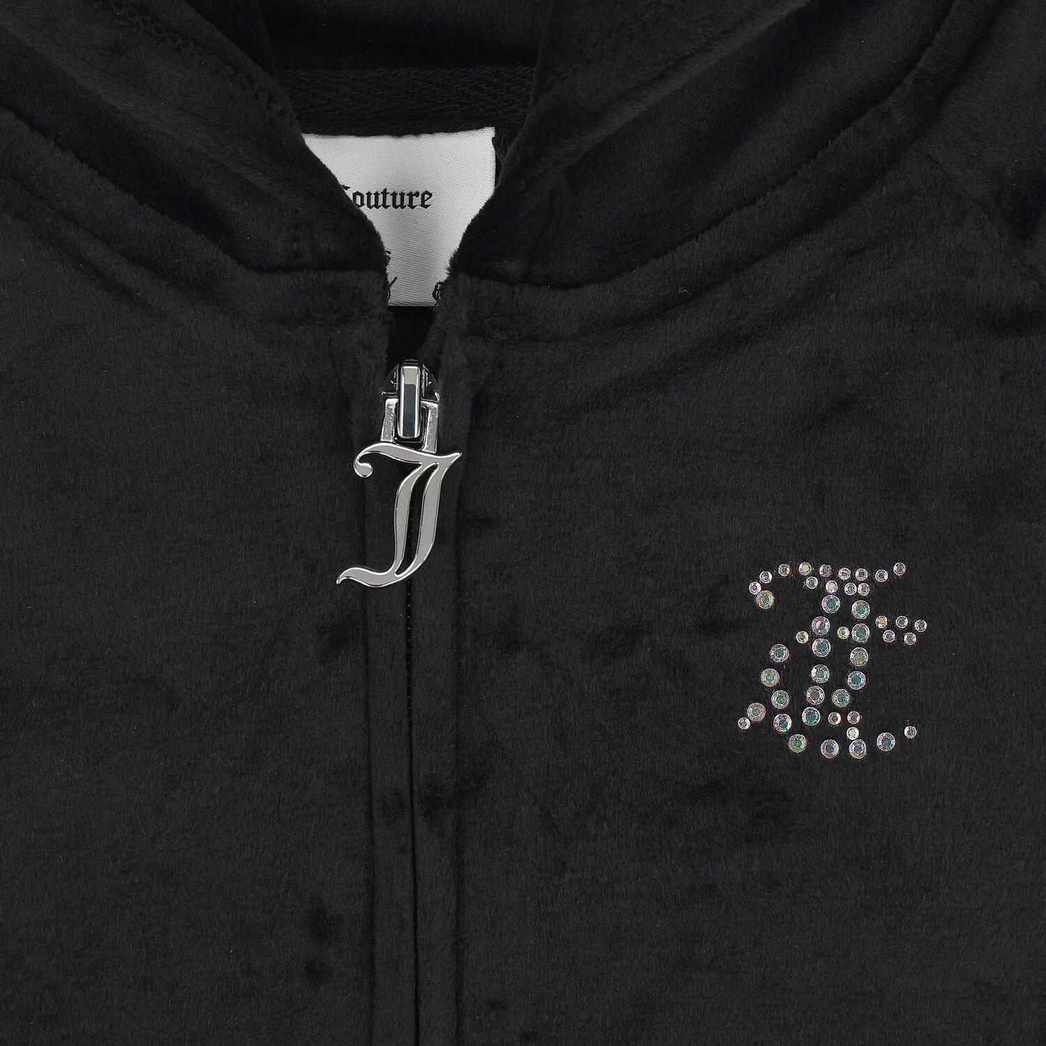 Girls Black Crystal Embellished Diamant&eacute; Logo Velour Hooded Zip Up Top, 1, hi-res