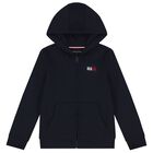Boys Navy Blue Logo Hooded Zip Up Top, 1, hi-res