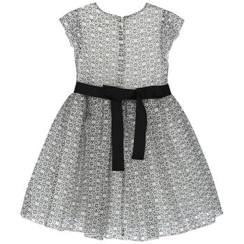 Girls Ivory & Black Logo Silk Organza Dress