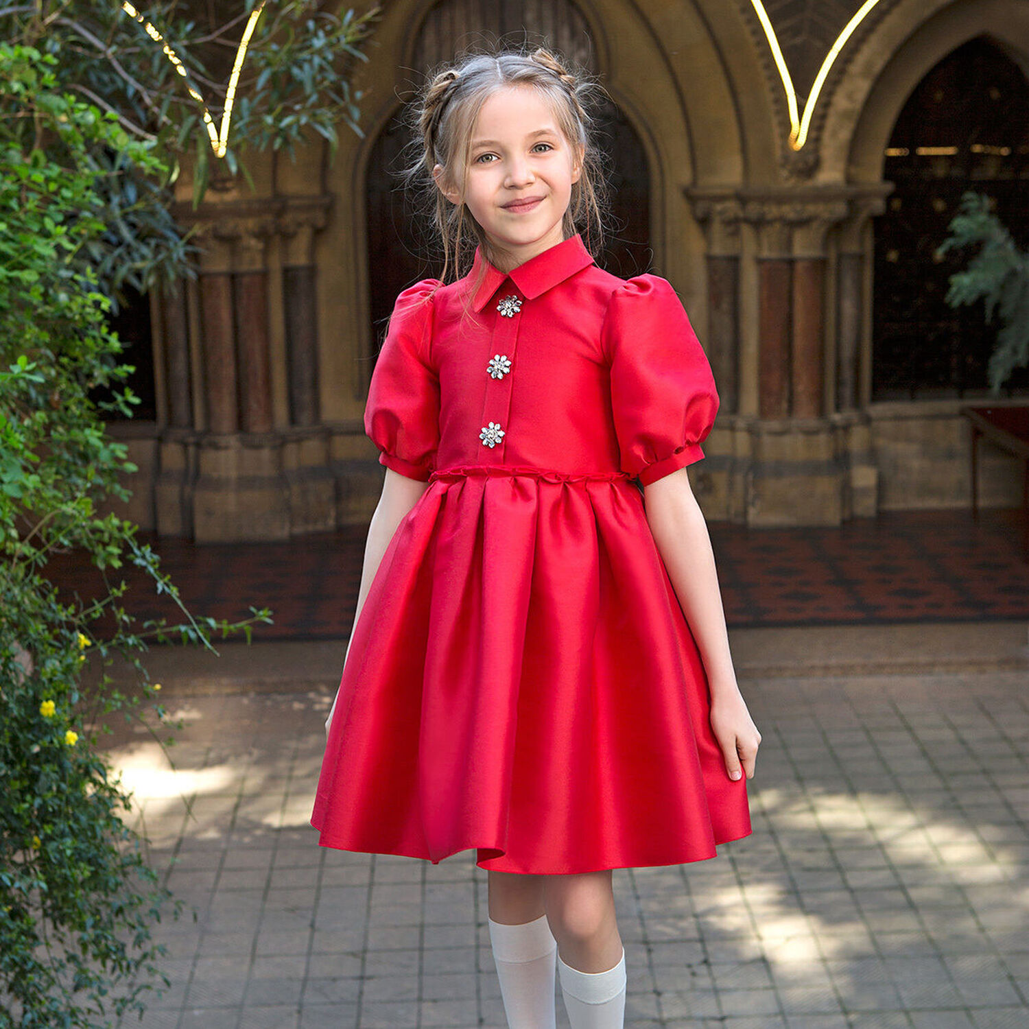 Girls Red Satin Dress, 1, hi-res