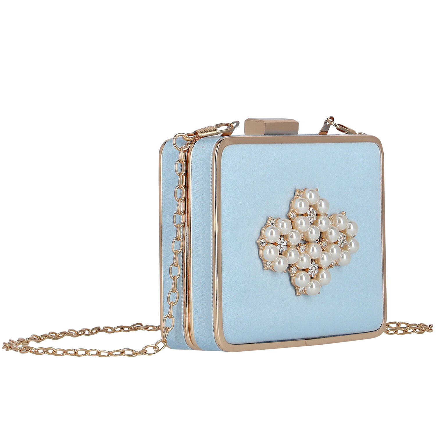 Girls Blue & Gold Embellished Satin Bag, 1, hi-res