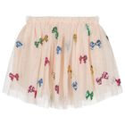 Girls Beige Bow Tulle Skirt, 1, hi-res