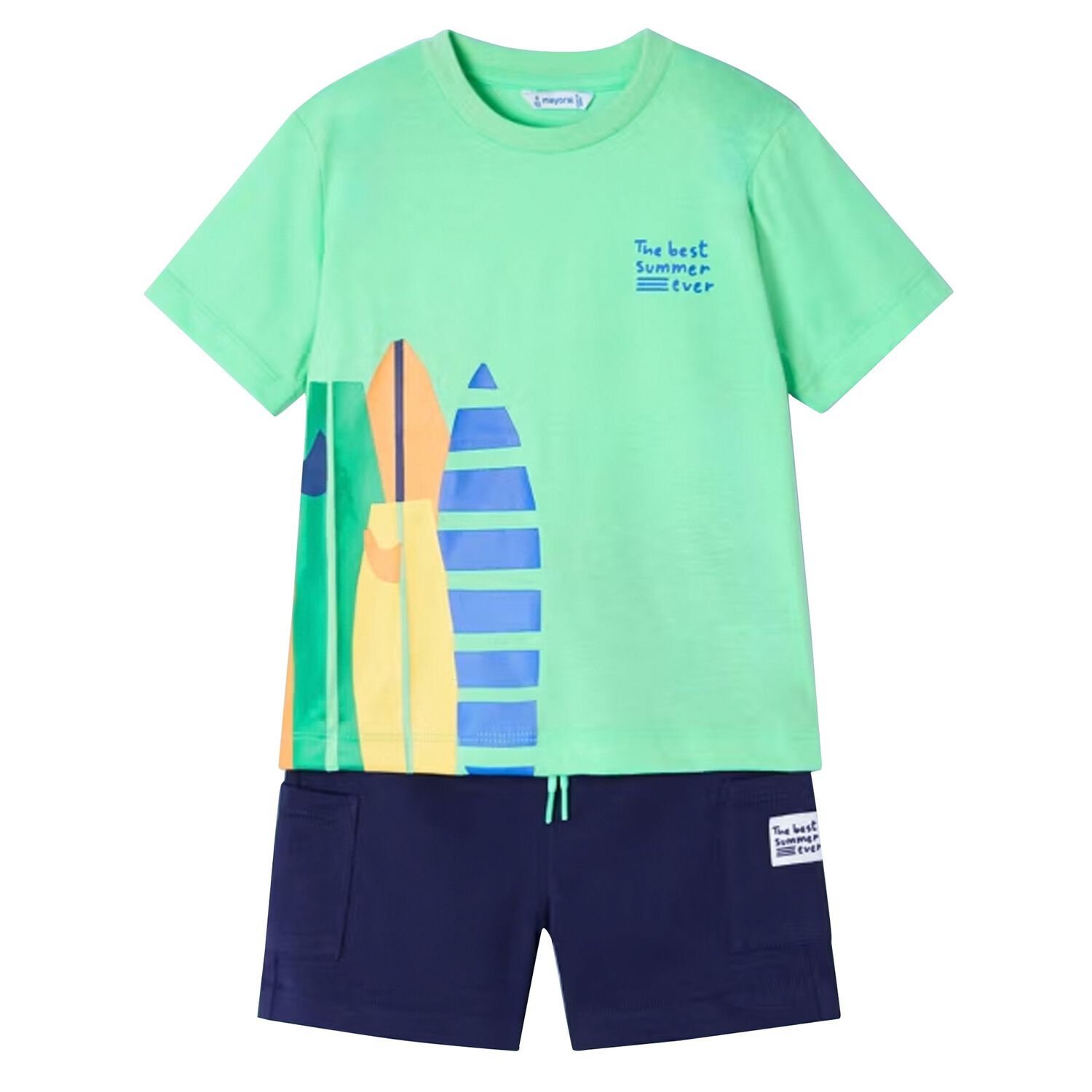 Boys Green & Navy Blue Surf Board Shorts Set, 1, hi-res