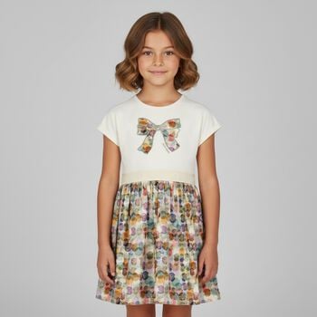 Girls Ivory & Green Ribbon Dress