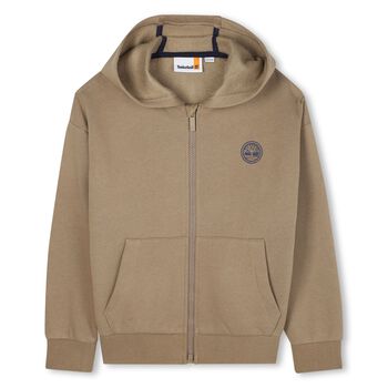 Boys Beige Logo Hooded Zip Up Top 