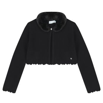 Girls Black Faux Fur Collar Cardigan