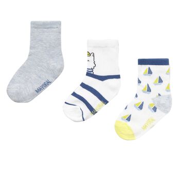 Baby Boys Ivory & Blue Boat Print Socks ( 3-Pack )
