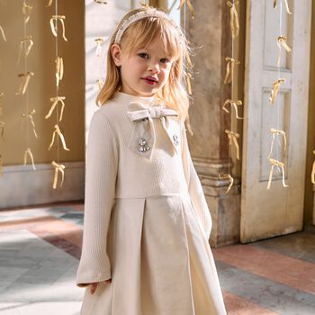 Girls Gold Knitted Bow Dress