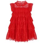 فستان تول متعدد الطبقات مزين باللون الأحمر للبنات, 1, hi-res