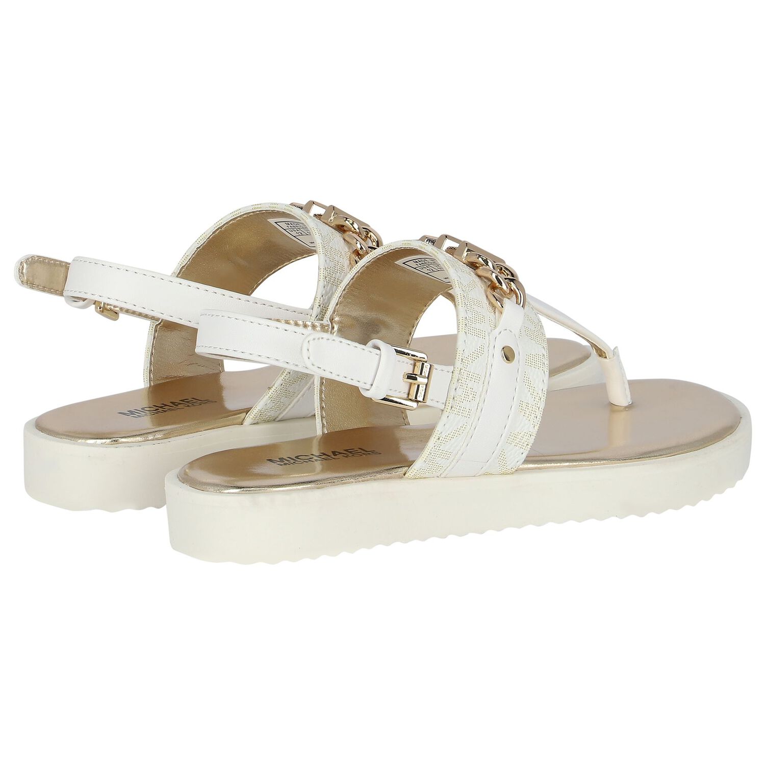 Girls Ivory & Gold Logo Sandals, 1, hi-res