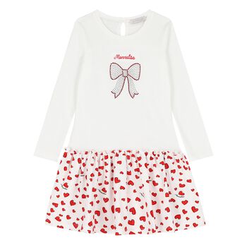 Younger Girls White & Red Embellished Bow Dress