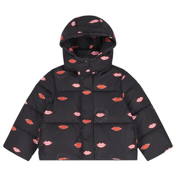 Girls Black Lips & Logo Puffer Jacket 