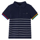 Boys Navy Striped Polo Shirt, 1, hi-res