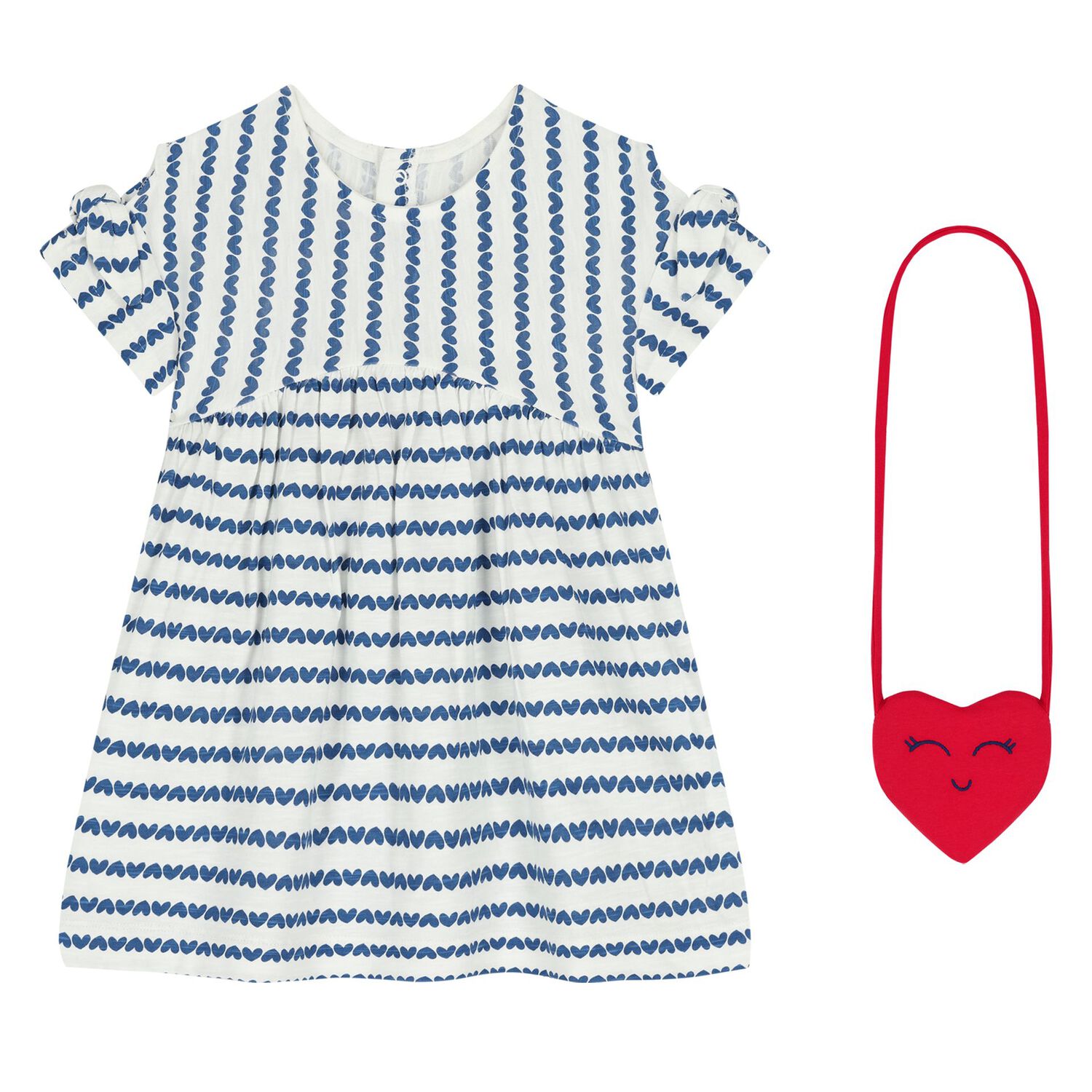 Younger Girls White & Blue Heart Dress & Bag Set, 1, hi-res