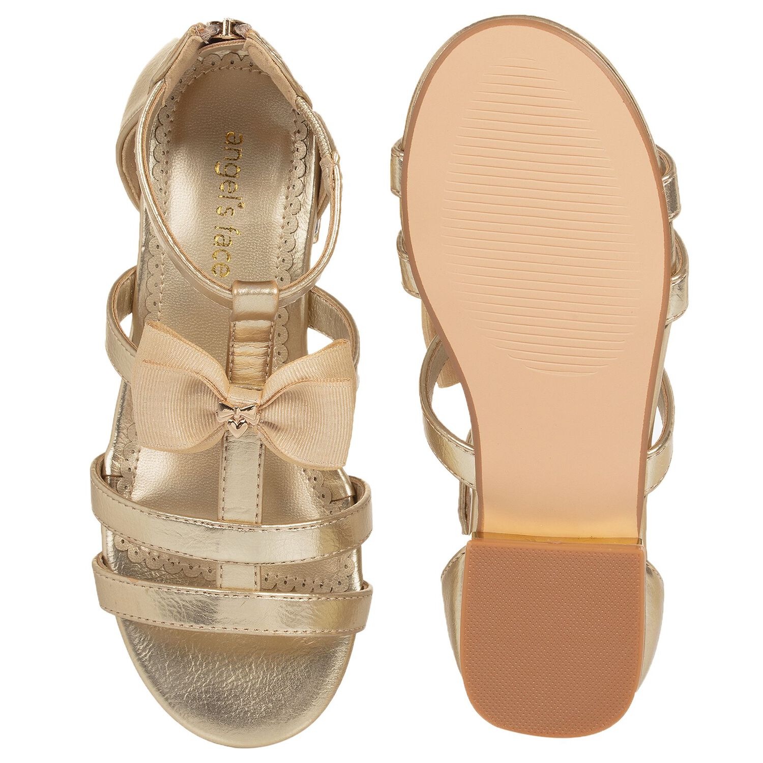 Girls Gold Diamante Bow Sandals, 1, hi-res